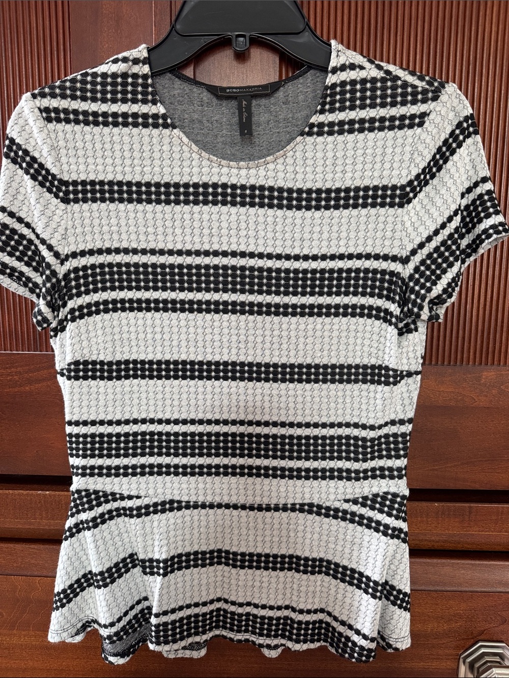 BCBGMaxAzria Black and White Striped Short Sleeve Peplum Top
